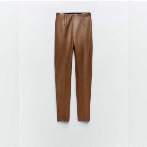 Zara Brown Faux Leather High‎ Rise Leggings w Raw Hem size S - Picture 3 of 15